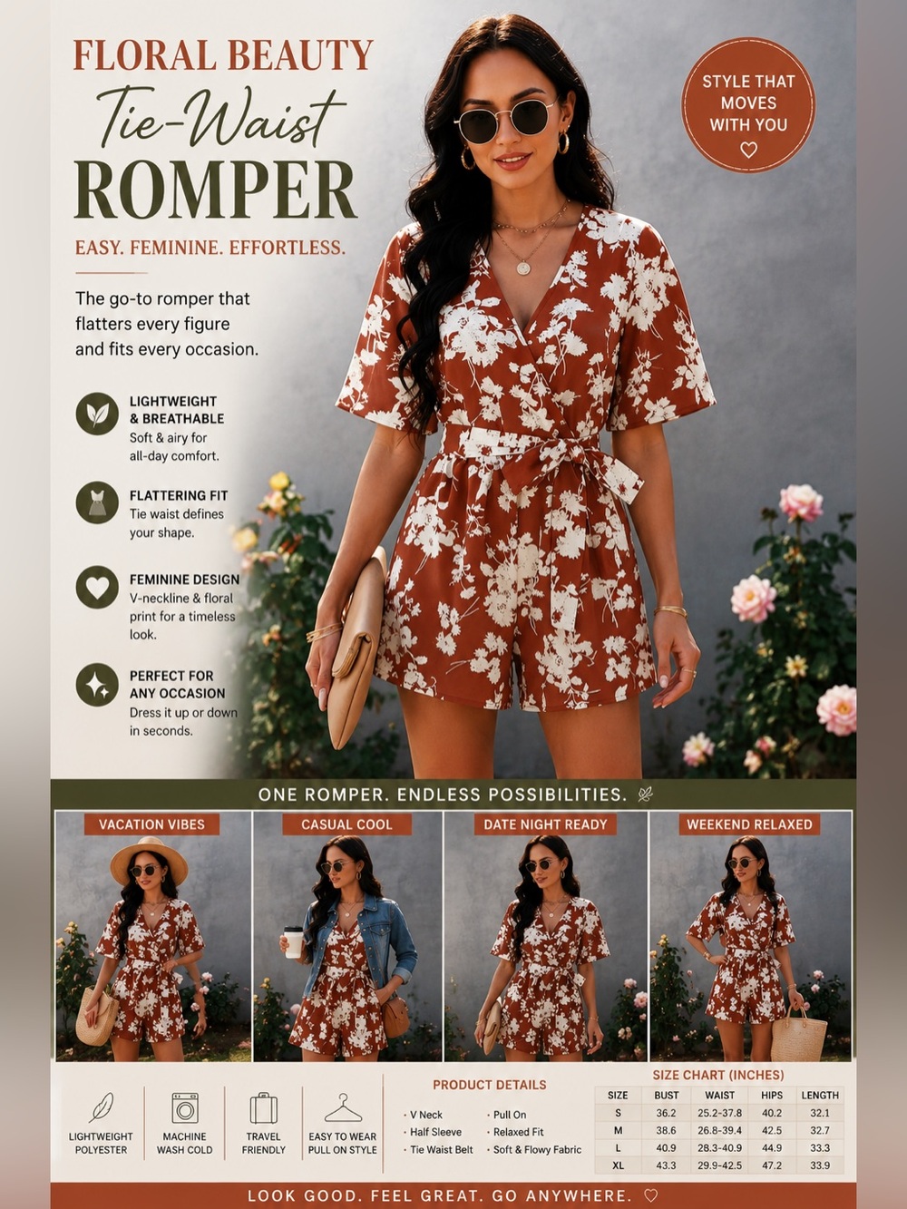 Rust Floral V-Neck Tie-Waist Romper | Summer Brunch Vacation Outfit